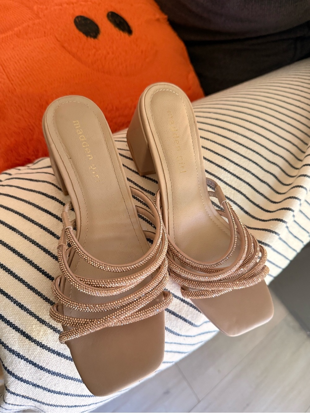 Madden Girl Nude Braided Strap Block Heel Mules